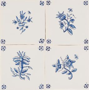 Hand-painted Delft tiles with Flowers, decorated with spider corner motif. Painted in blue on our Poarte H base shade