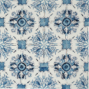 Hand-painted Delft tiles with ornemental pattern including flowers and angels, painted in blue