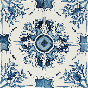 Hand-painted Delft tiles with ornemental pattern including flowers and angels, painted in blue
