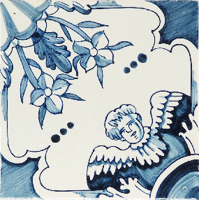 Hand-painted Delft tile sample with floral angels painted in blue, enhanced with pinholes