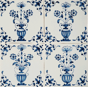 Hand-painted Delft tiles with flower pots in blue