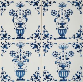 Hand-painted Delft tiles with decorative flower pots in blue
