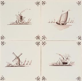 hand-painted Delft tiles with landscapes in manganese, enhanced with spider curl corner motifs. P-6