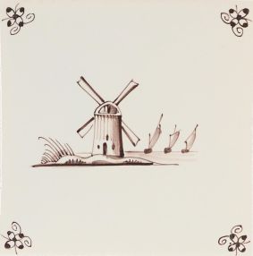 hand-painted Delft sample tile with landscapes and spider curl corner motifds - P-6