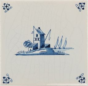 Hand-painted Delft tiles sample with small landscape