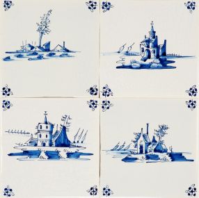 Hand-painted Delft tiles with landscapes - P-61 - decorated with the spider curl corner motif and enhanced with pinholes and a crackled finish