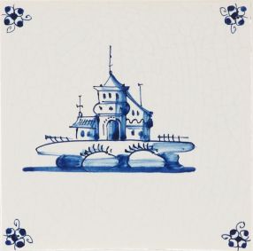 Hand-painted Delft tile sample from the P-61 series depicting landscapes painted in blue