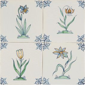 Hand-painted Delft tiles with flowers in polychrome, decorated with the ox-head corner moitf and enhanced with pinholes and crackled finish, based on 17th century originals 