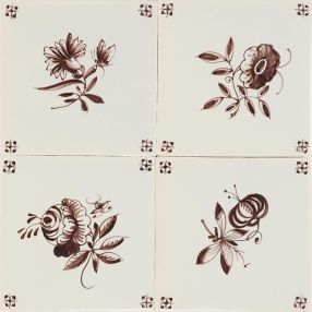 Hand-painted Delft tiles with Small flowers with spider corner motifs, enhanced with pinhooles, painted in manganese on Poarte E. 
