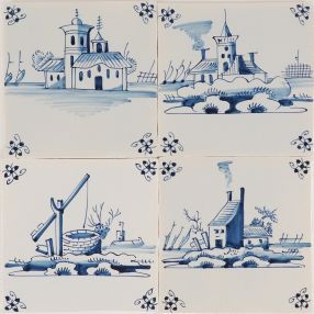 P-10 Hand-painted Delft tiles with landscapes, painted in blue, decorated with spider curl corner motif - Photo 4