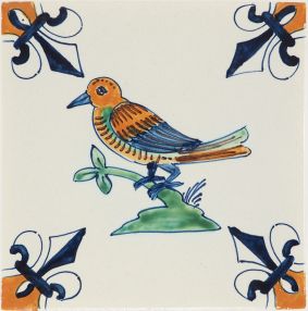 Hand-painted Delft tile sample with Birds & flowers in polychrome, decorated with fleur-de-lis corner motifs