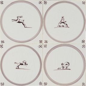 Hand-painted Delft tiles with springers in manganese - Poarte P-17 series / 4 tiles