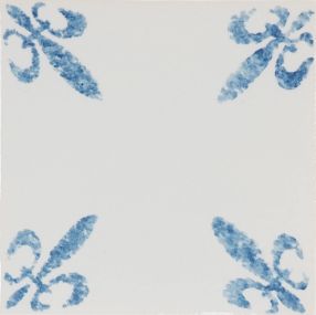 Hand-painted Fleur-de-lis Delft tile corner motif - painted in blue - enhanced with pinholes