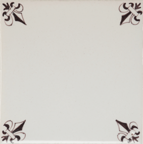 Hand-painted fleur-de-lis corner motif Delft tile sample painted in manganese, enhanced with pinholes
