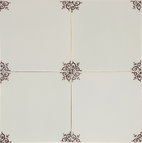 Ox-head corner motif Delft tile in manganese, hand-painted with refined detailing. Shown with pinholes but no crackled finish.