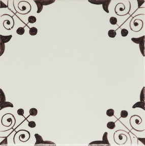 Hand-painted Three-dot corner motif Delft tile sample, painted in manganese and enhanced with pinholes