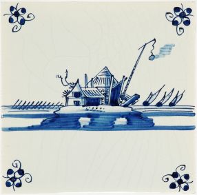 Hand-painted delft tile sample with landscapes, p-16, decorated with spider curl corner motifs and enhaned with pinholes and a crackled finish
