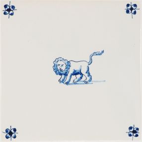 Hand-painted Delft tile sample with animals painted in blue, decorated with spider corner motifs