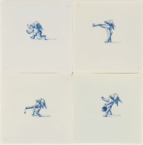 Classic hand-painted Delft tiles with charming cupids painted in a soft blue