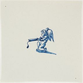 Hand-painted Delft tile sample with cupids in blue