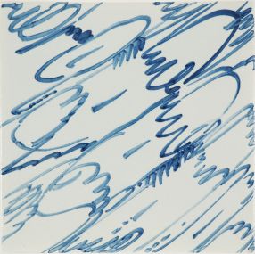 Hand-painted Delft tile sample with a marble pattern painted in blue