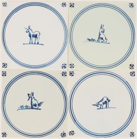 Hand-painted Delft tiles with animals in circle - P-17 series