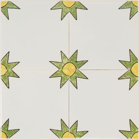 Hand-painted Delft tiles with colored dots corner motifs in polychrome