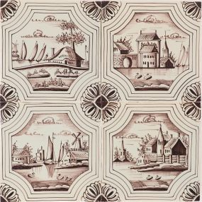 Hand-painted Delft tiles with landscapes in octagonal frame in manganese depicting villages, ships, windmills and more. 