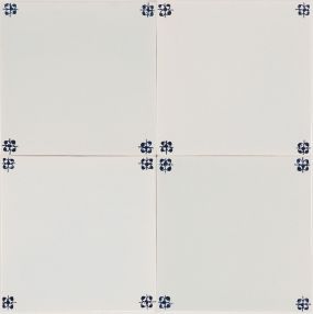 Spider corner motif Delft tile (PCM-01) in traditional blue, hand-painted with refined detailing. Shown without crackled finish or pinholes.