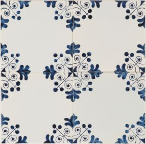 Three-dot corner motif Delft tile (PCM-30) in traditional blue, hand-painted on the grey mix with pinholes but no crackled finish, forming a repeating pattern.