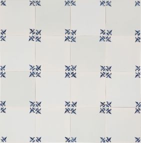 Fleur-de-lis corner motif Delft tile (PCM-10) in traditional blue, hand-painted on a mix of Poarte-D, Poarte-E, and Poarte-H. Shown without crackled finish or pinholes.