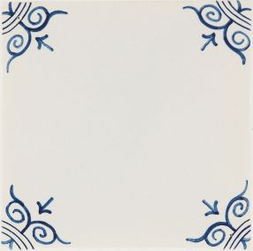 Hand-painted large ox-head corner motif Delft tile sample, painted in blue and enhanced with pinholes