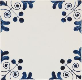 Hand-painted Three-dot corner motif Delft tile sample painted in blue, enhanced with pinholes