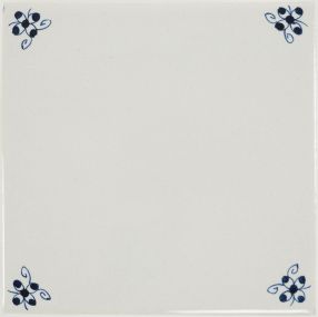 Hand-painted spider curl corner motif Delft tile sample, painted in blue, enhanced with pinholes