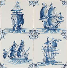 Hand-painted Delft blue tiles with Ships in blue