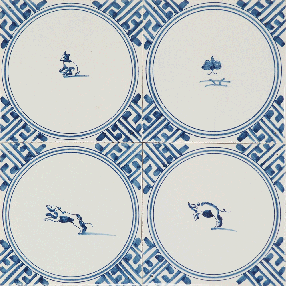 Hand-painted Delft tiles with Animals in corner frame, decorated with Wanli corner motifs and enhanced with pinholes and a crackled finish