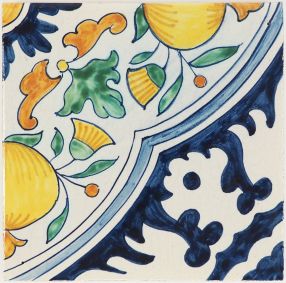 Hand-painted Delft tile sample with orange apples pattern painted in polychrome, enhanced with pinholes and a crackled finish