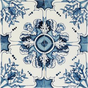 Hand-painted Delft tiles with ornemental pattern including flowers and angels, painted in blue