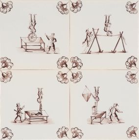 Hand-painted Delf tiles depicting acrobatic scenes, known as Balanced acts painted in manganese and decorated with carnation (blossom) corner motifs