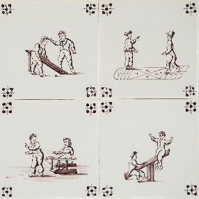 Hand-painted Delft tiles with child's play in manganese