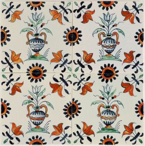 Colourful hand-painted Delft tile design with flower vases with pinholes and crackled finish. 