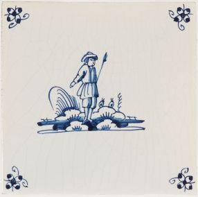 Hand-painted Delft tile sample with shepherds, decorated with spider curl corner motif and enhanced with pinholes and a crackled finish