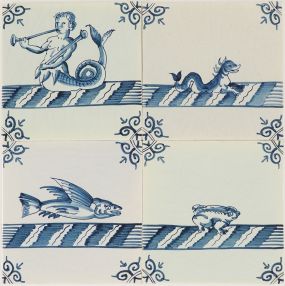 Hand-painted Delft tiles with mix of sea life - Field of 4