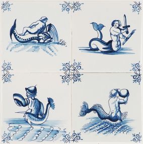 Hand-painted Delft tiles with mermaids, mermen and sea monsters - 4