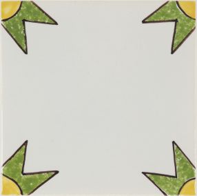Hand-painted Delft tile sample with colored dots painted in polychrome. P-43 series ornaments and pattern motif