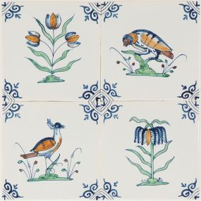 Hand-painted Delft tiles with birds and flowers - Field of 4
