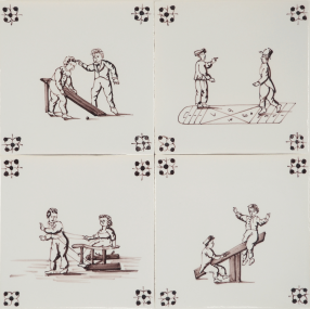 Hand-painted Delft tiles with child's play scenes in manganese