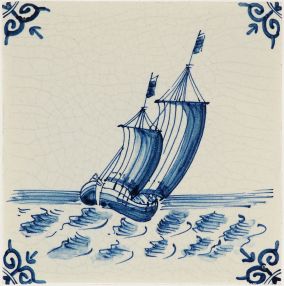 Hand-painted Delft tile sample with ships and boats, painted in blue and enhaced with pinhols and a crackled fininsh.