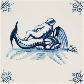 Hand-painted Delft tile sample with cea creatures, decorated with ox-head corner motifs, painted in blue and enhanced with pinholes