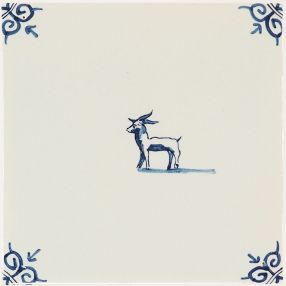 Hand-painted Delft tile sample with Animals in blue, decorated with the ox-head corner motif, enhanced with pinholes
